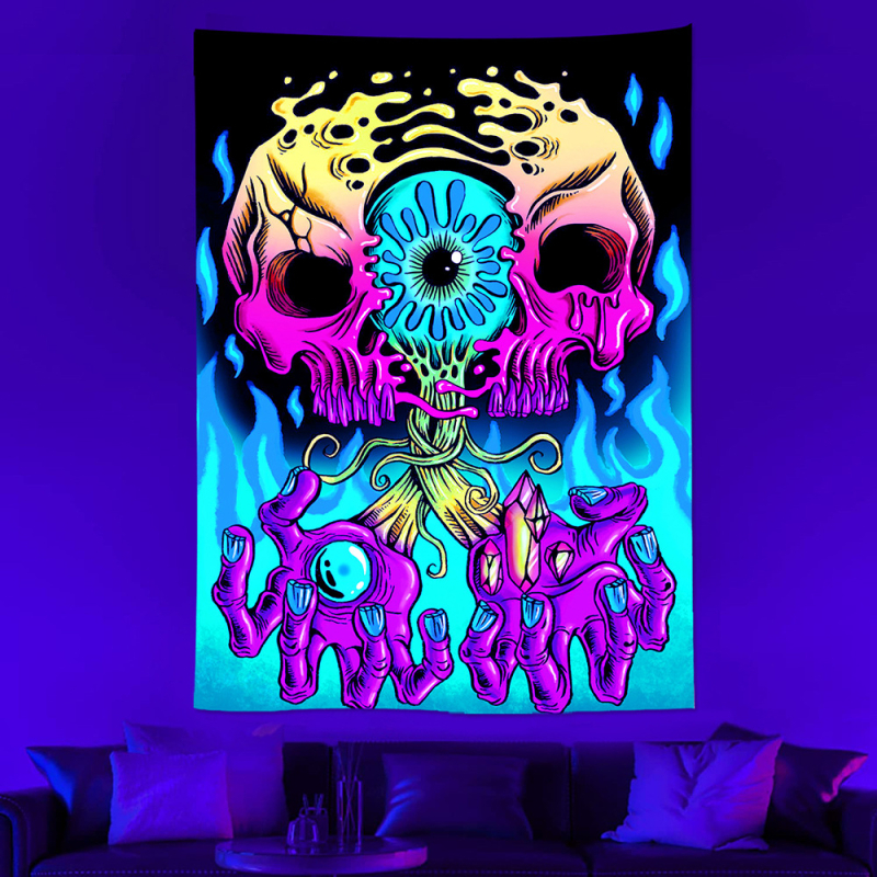 Гоблен - UV флуоресцентен череп неонов, светещ психеделичен дизайн (Полиестерно влакно; Дигитален термален трансфер; квадрат)