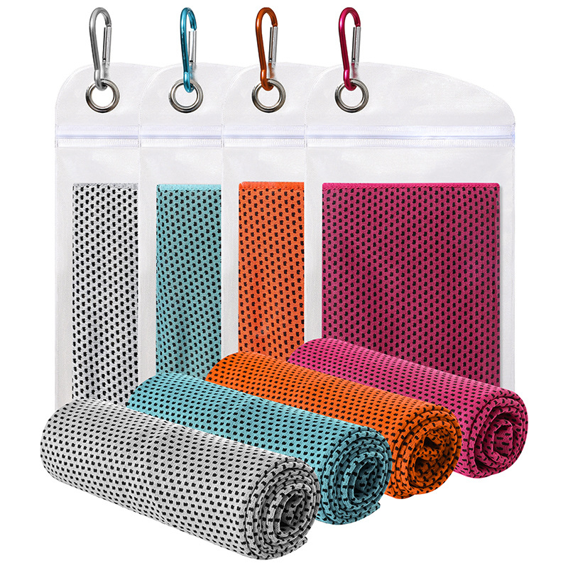 Šaldantis sportinis rankšluostis jogai ir bėgiojimui – poliesterio pluošto mišinys, kraštai siuvami, 45 g/m², vandens sugėrimas 11–15 s, rankšluostis su šaldančia savybe