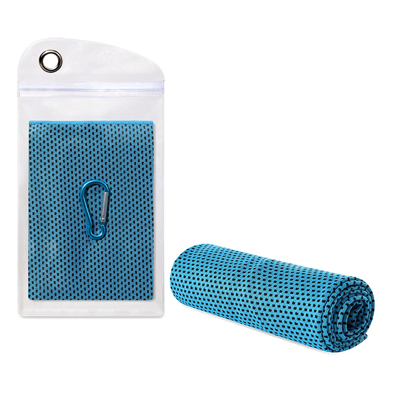 Šaldantis sportinis rankšluostis jogai ir bėgiojimui – poliesterio pluošto mišinys, kraštai siuvami, 45 g/m², vandens sugėrimas 11–15 s, rankšluostis su šaldančia savybe