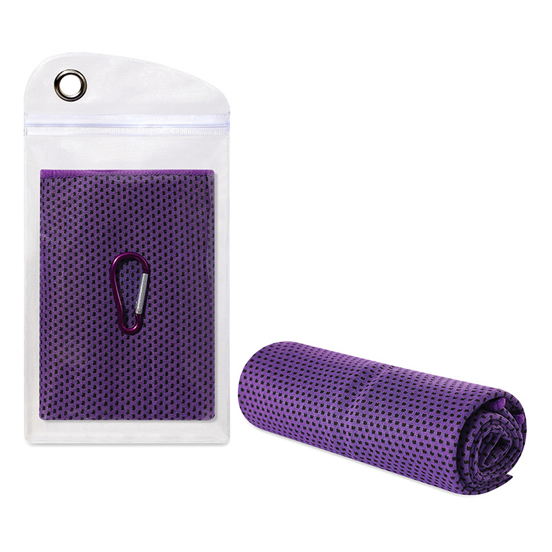 Šaldantis sportinis rankšluostis jogai ir bėgiojimui – poliesterio pluošto mišinys, kraštai siuvami, 45 g/m², vandens sugėrimas 11–15 s, rankšluostis su šaldančia savybe