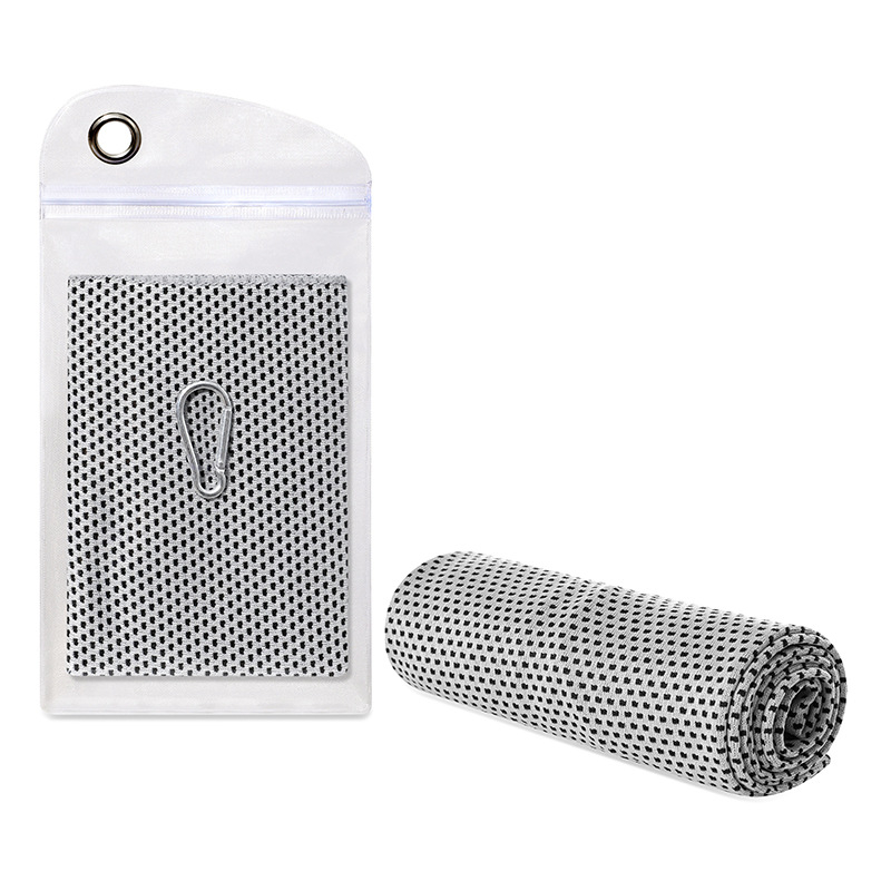 Šaldantis sportinis rankšluostis jogai ir bėgiojimui – poliesterio pluošto mišinys, kraštai siuvami, 45 g/m², vandens sugėrimas 11–15 s, rankšluostis su šaldančia savybe