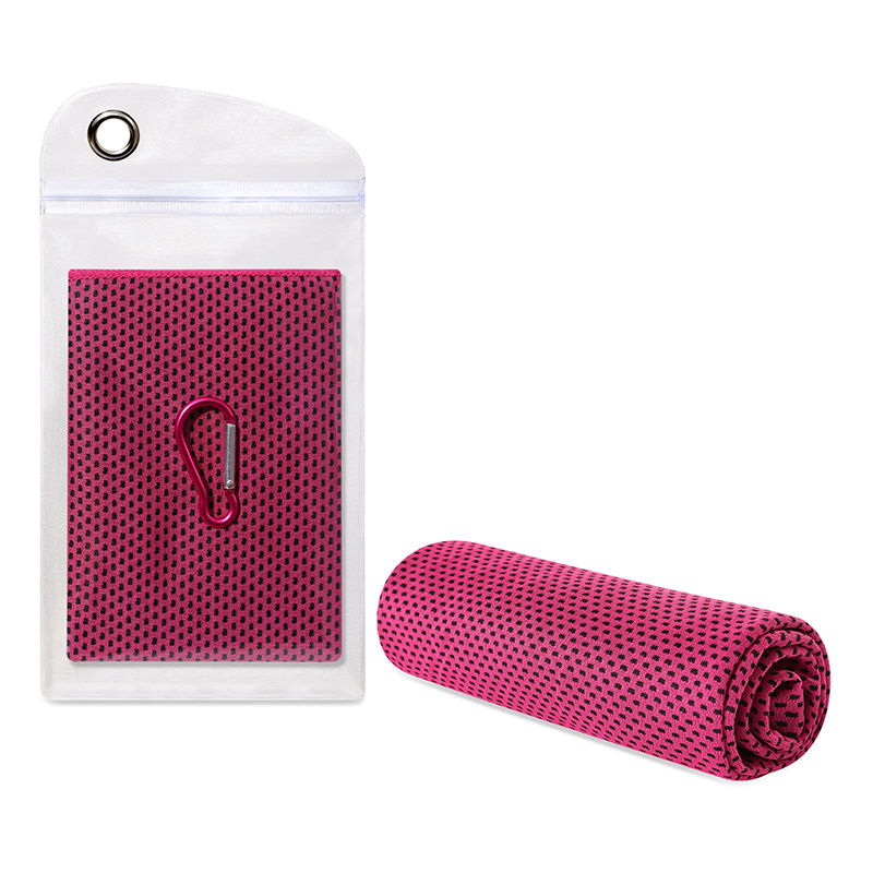 Šaldantis sportinis rankšluostis jogai ir bėgiojimui – poliesterio pluošto mišinys, kraštai siuvami, 45 g/m², vandens sugėrimas 11–15 s, rankšluostis su šaldančia savybe