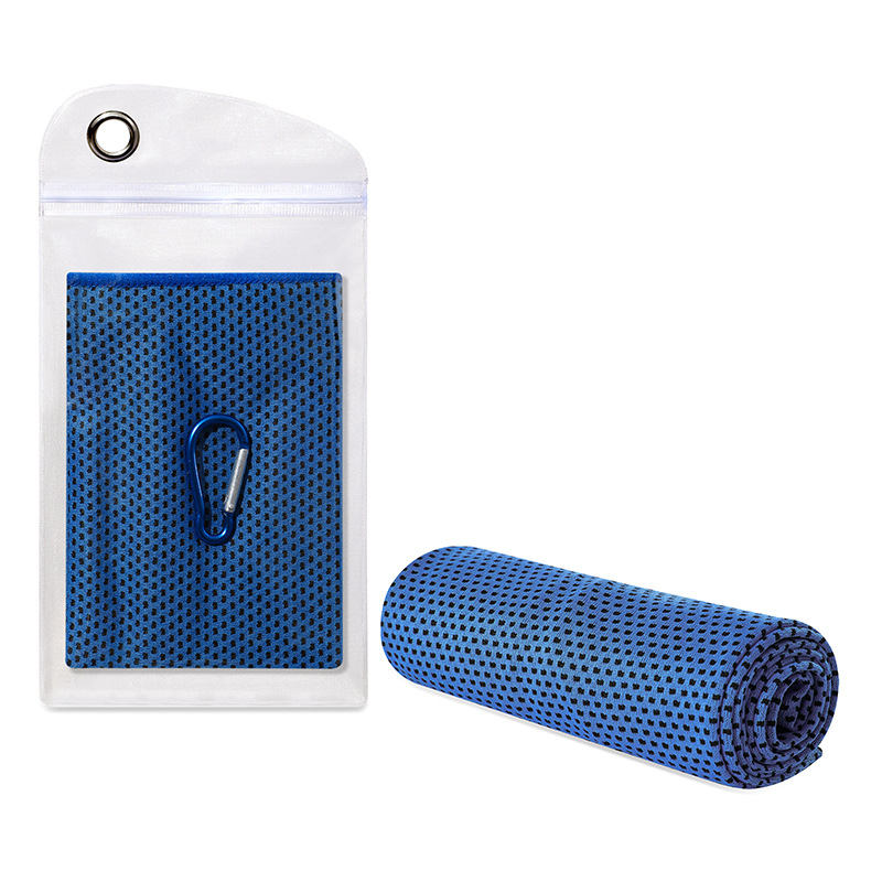 Šaldantis sportinis rankšluostis jogai ir bėgiojimui – poliesterio pluošto mišinys, kraštai siuvami, 45 g/m², vandens sugėrimas 11–15 s, rankšluostis su šaldančia savybe