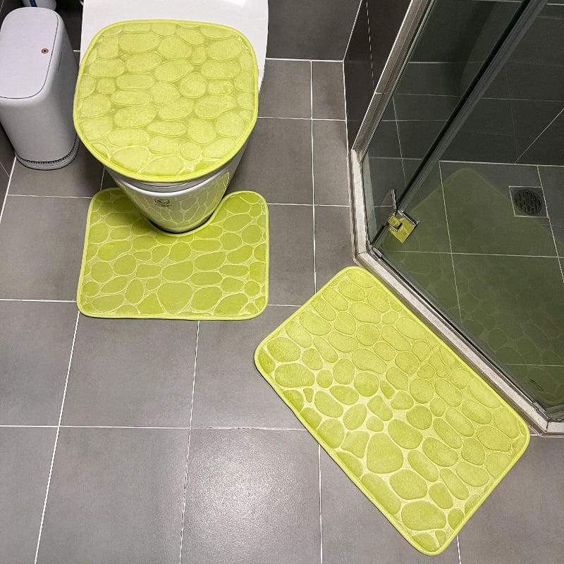 Set de covorașe de baie cu aspect pietre, 3 piese – absorbante, antiderapante, covor 3D pentru baie; material: poliester, textură embosată, lavabil la mașină