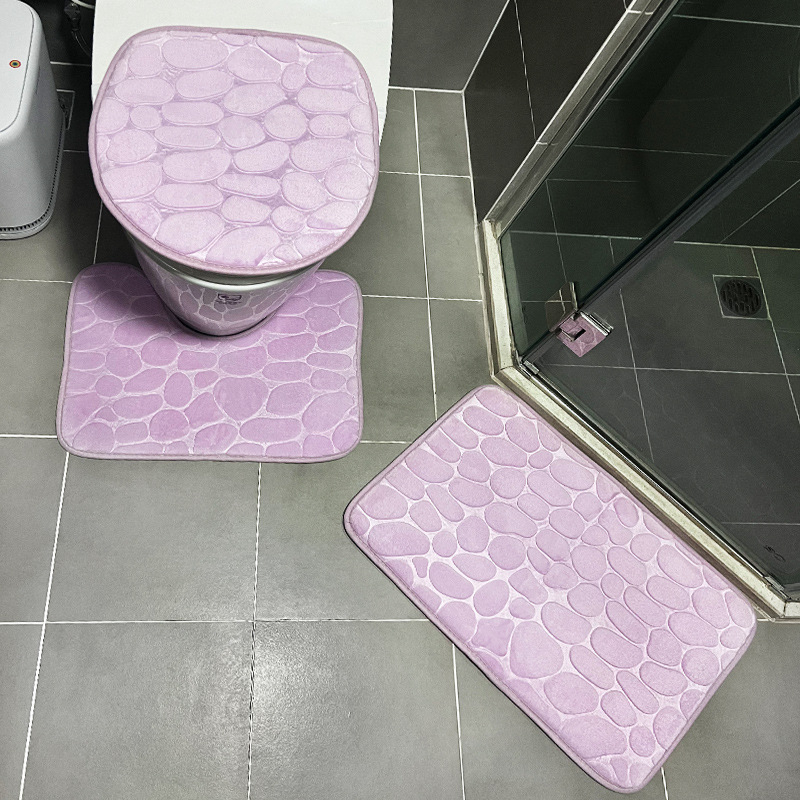 Set de covorașe de baie cu aspect pietre, 3 piese – absorbante, antiderapante, covor 3D pentru baie; material: poliester, textură embosată, lavabil la mașină