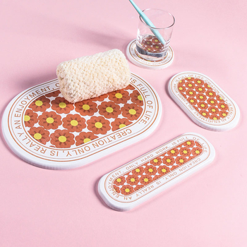 Suport pentru pahare din diatomită și covoraș absorbant pentru chiuvetă, țesut mecanic, model cu plante, lavabil manual