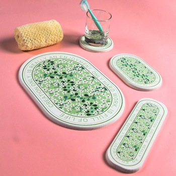 Suport pentru pahare din diatomită și covoraș absorbant pentru chiuvetă, țesut mecanic, model cu plante, lavabil manual