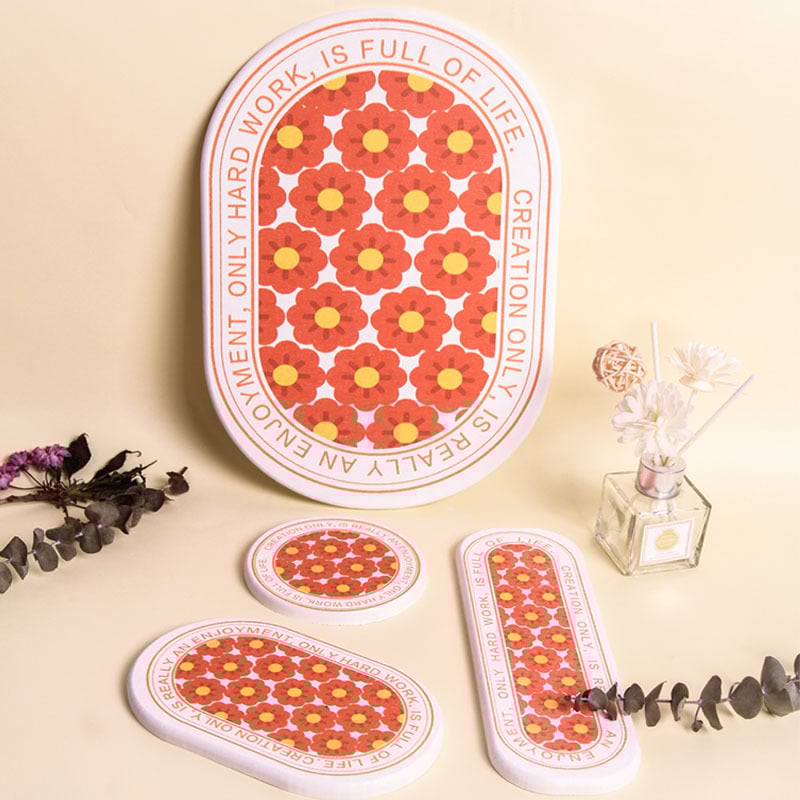 Suport pentru pahare din diatomită și covoraș absorbant pentru chiuvetă, țesut mecanic, model cu plante, lavabil manual