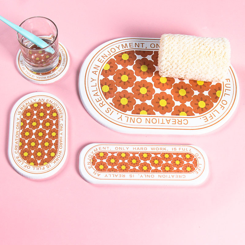 Suport pentru pahare din diatomită și covoraș absorbant pentru chiuvetă, țesut mecanic, model cu plante, lavabil manual