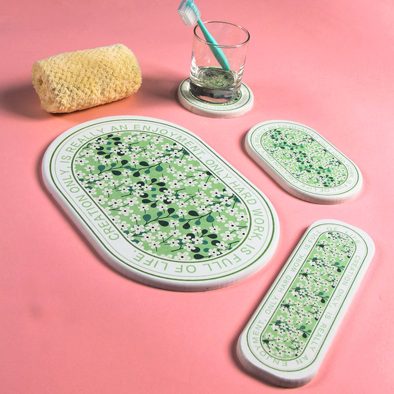 Suport pentru pahare din diatomită și covoraș absorbant pentru chiuvetă, țesut mecanic, model cu plante, lavabil manual