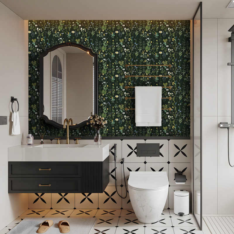 Pašlīmējoša sienas tapete ar bohemu ziedu rakstu, PVC materiāls, daudzslāņa konstrukcija, Eiropas lauku stils