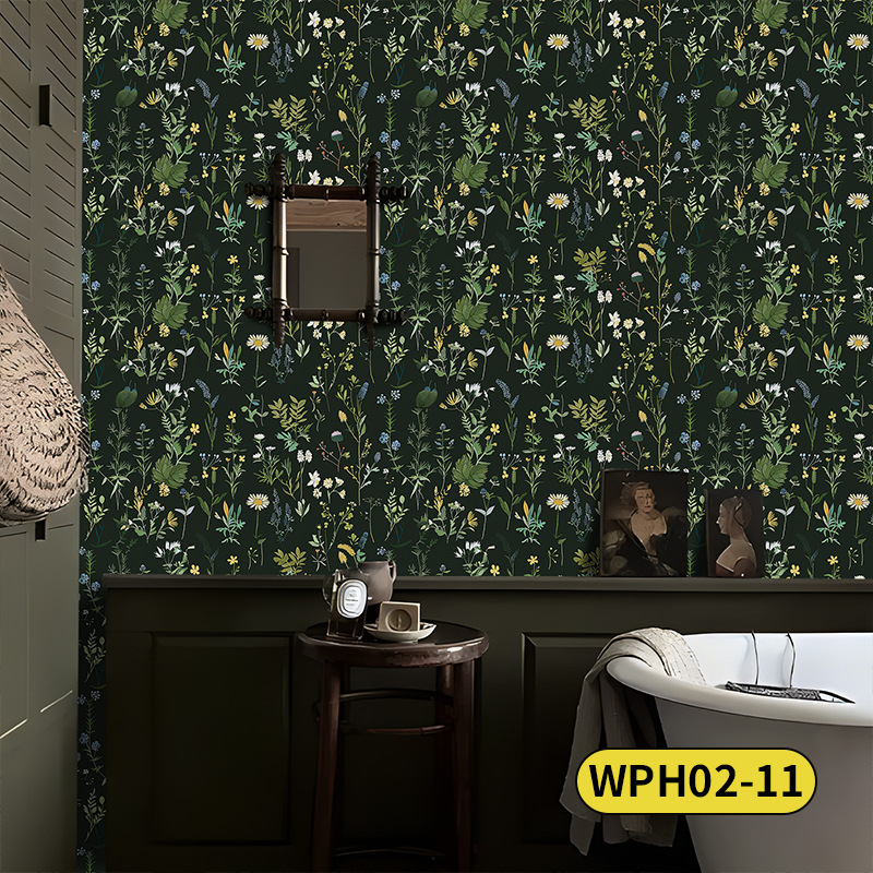 Pašlīmējoša sienas tapete ar bohemu ziedu rakstu, PVC materiāls, daudzslāņa konstrukcija, Eiropas lauku stils
