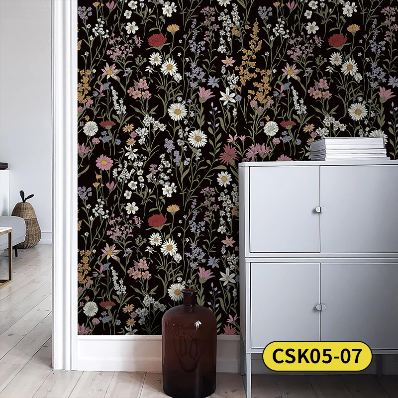 Pašlīmējoša sienas tapete ar bohemu ziedu rakstu, PVC materiāls, daudzslāņa konstrukcija, Eiropas lauku stils