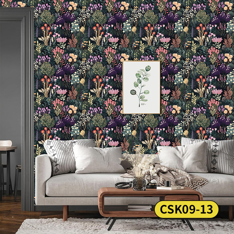 Pašlīmējoša sienas tapete ar bohemu ziedu rakstu, PVC materiāls, daudzslāņa konstrukcija, Eiropas lauku stils