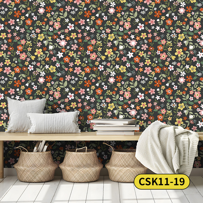 Pašlīmējoša sienas tapete ar bohemu ziedu rakstu, PVC materiāls, daudzslāņa konstrukcija, Eiropas lauku stils
