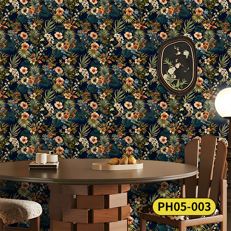 Pašlīmējoša sienas tapete ar bohemu ziedu rakstu, PVC materiāls, daudzslāņa konstrukcija, Eiropas lauku stils