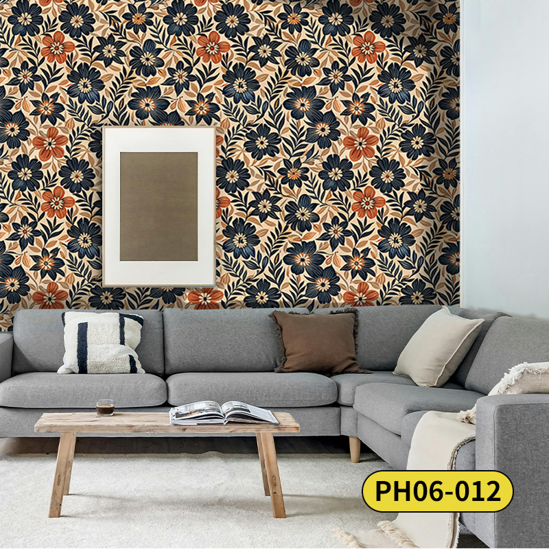 Pašlīmējoša sienas tapete ar bohemu ziedu rakstu, PVC materiāls, daudzslāņa konstrukcija, Eiropas lauku stils