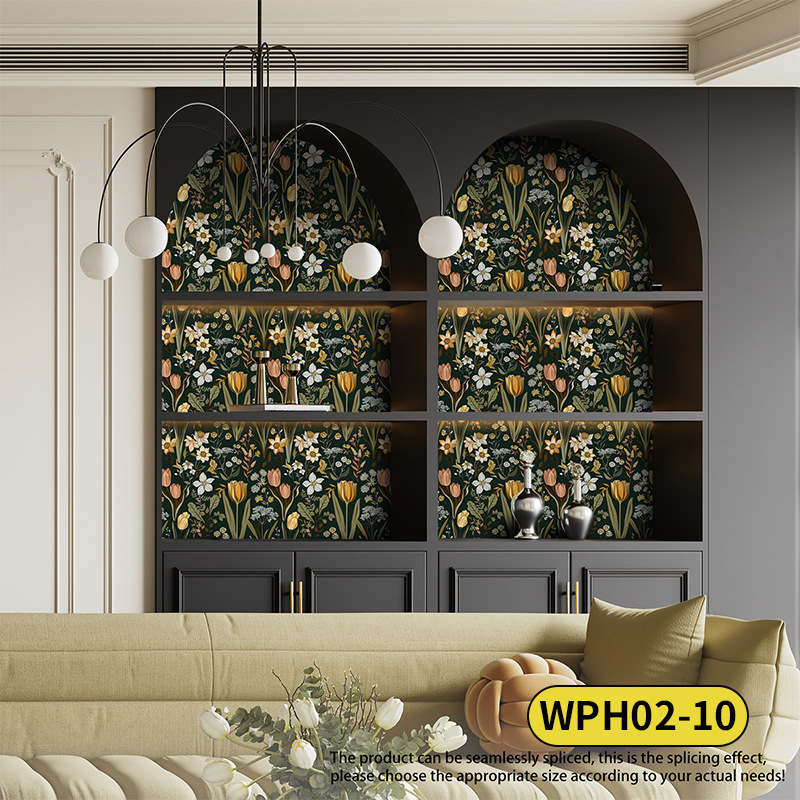 Pašlīmējoša sienas tapete ar bohemu ziedu rakstu, PVC materiāls, daudzslāņa konstrukcija, Eiropas lauku stils