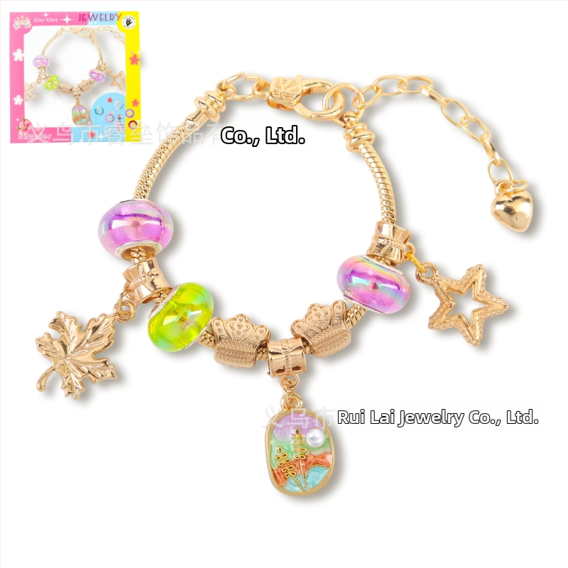 DIY detská náramok z korálok s nastaviteľným reťazom, olejomaľba štýl, tvar listu, zinková zliatina, imitácia krištáľu a perla