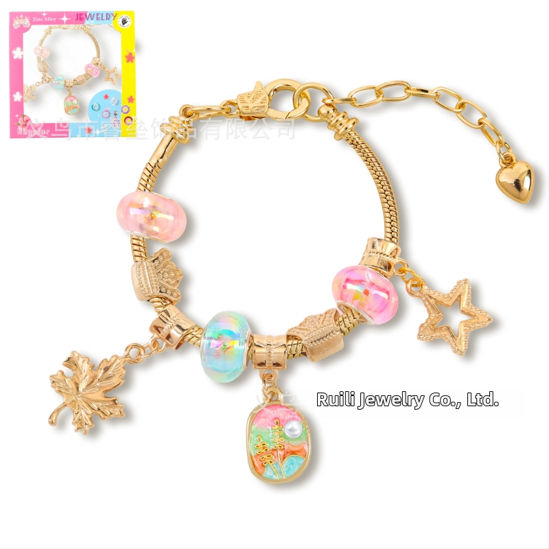 DIY detská náramok z korálok s nastaviteľným reťazom, olejomaľba štýl, tvar listu, zinková zliatina, imitácia krištáľu a perla