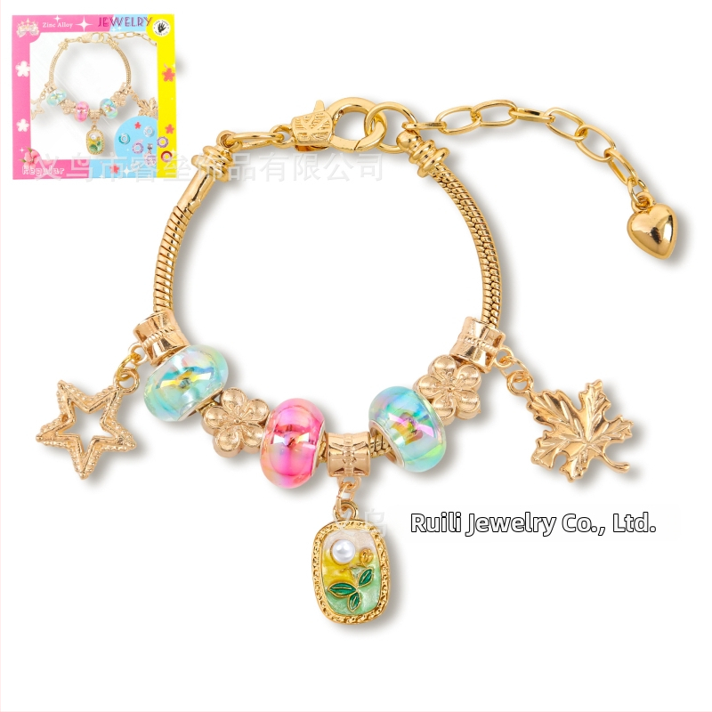 DIY detská náramok z korálok s nastaviteľným reťazom, olejomaľba štýl, tvar listu, zinková zliatina, imitácia krištáľu a perla