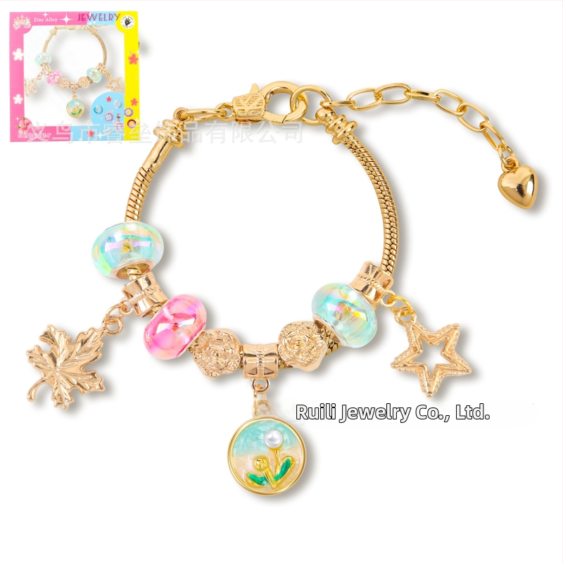 DIY detská náramok z korálok s nastaviteľným reťazom, olejomaľba štýl, tvar listu, zinková zliatina, imitácia krištáľu a perla