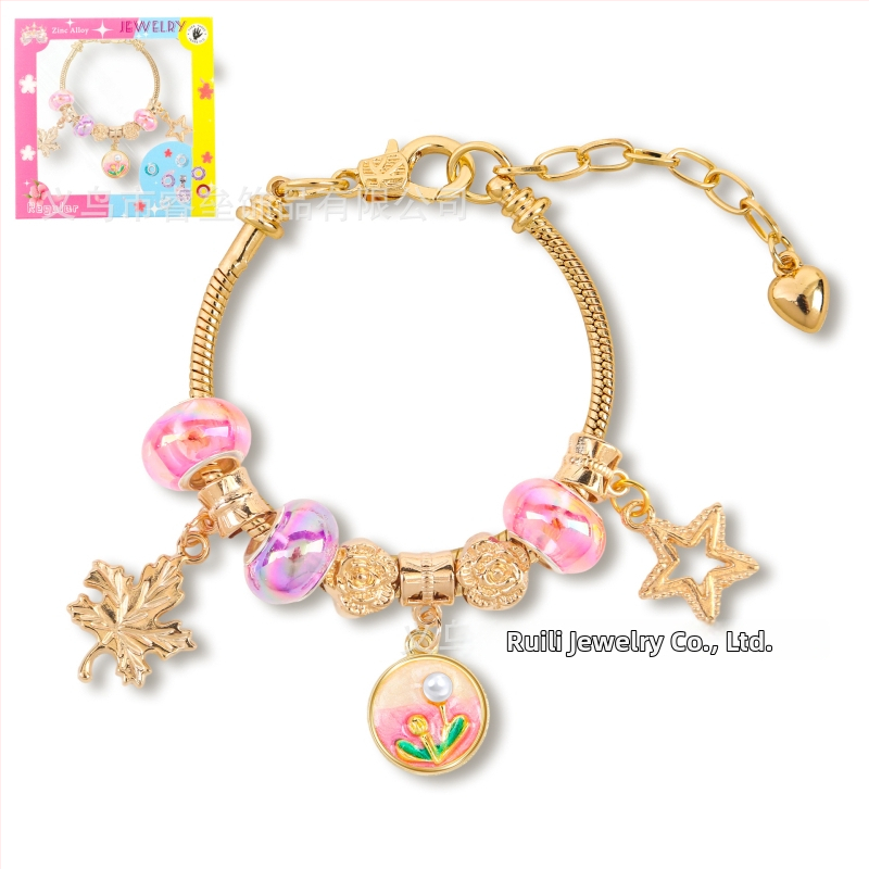 DIY detská náramok z korálok s nastaviteľným reťazom, olejomaľba štýl, tvar listu, zinková zliatina, imitácia krištáľu a perla