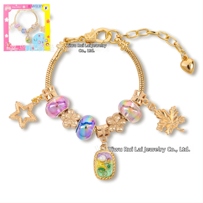 DIY detská náramok z korálok s nastaviteľným reťazom, olejomaľba štýl, tvar listu, zinková zliatina, imitácia krištáľu a perla