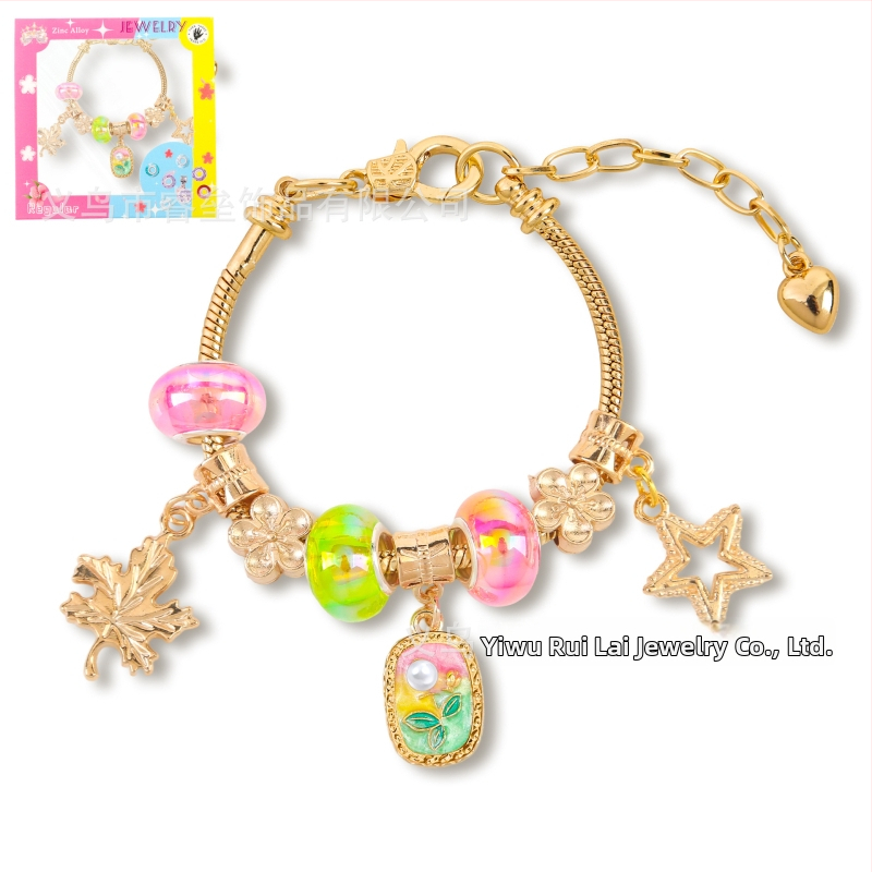 DIY detská náramok z korálok s nastaviteľným reťazom, olejomaľba štýl, tvar listu, zinková zliatina, imitácia krištáľu a perla