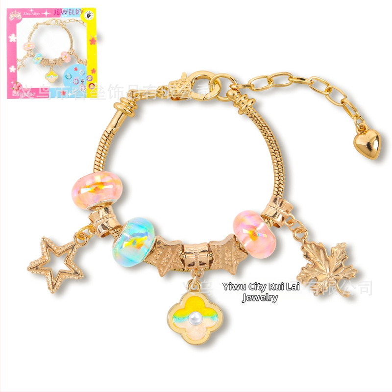 DIY detská náramok z korálok s nastaviteľným reťazom, olejomaľba štýl, tvar listu, zinková zliatina, imitácia krištáľu a perla