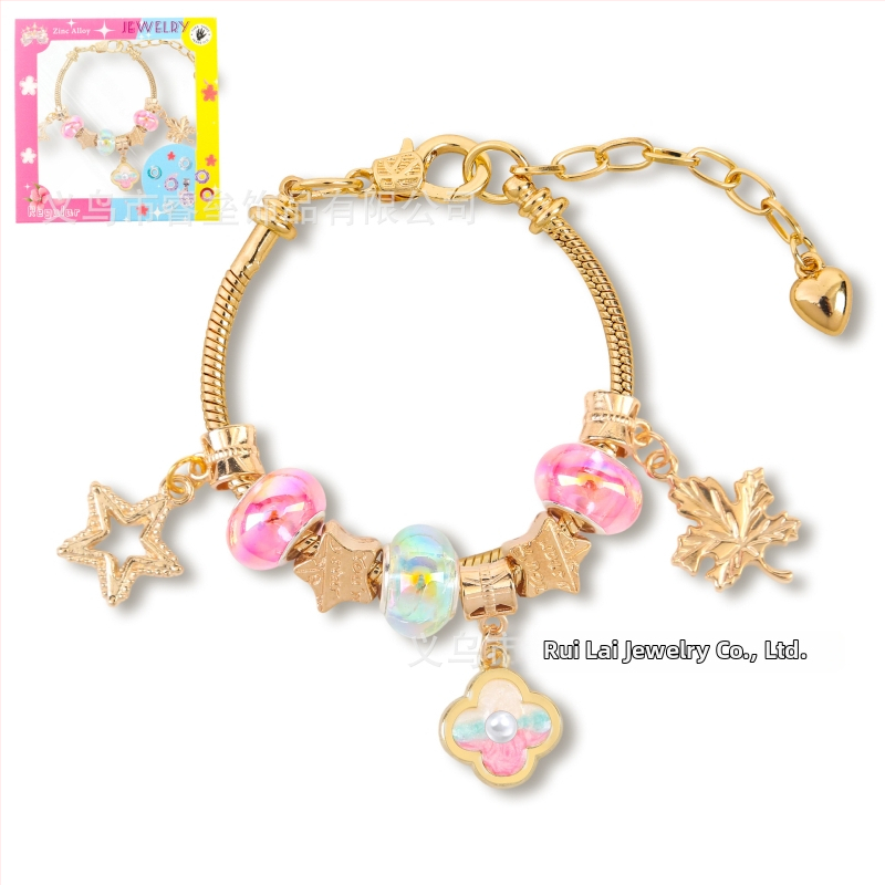 DIY detská náramok z korálok s nastaviteľným reťazom, olejomaľba štýl, tvar listu, zinková zliatina, imitácia krištáľu a perla