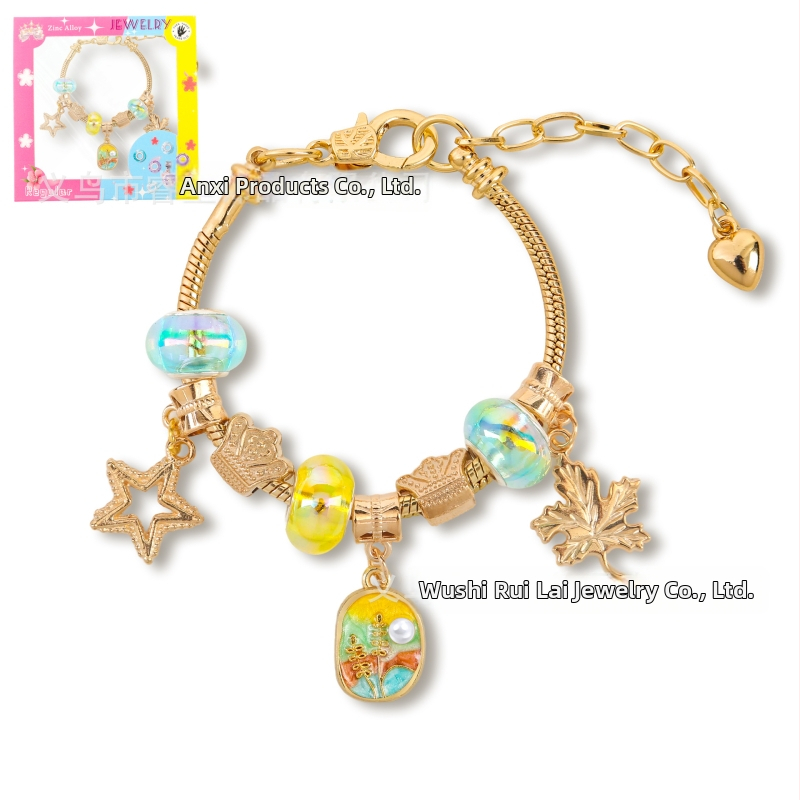 DIY detská náramok z korálok s nastaviteľným reťazom, olejomaľba štýl, tvar listu, zinková zliatina, imitácia krištáľu a perla