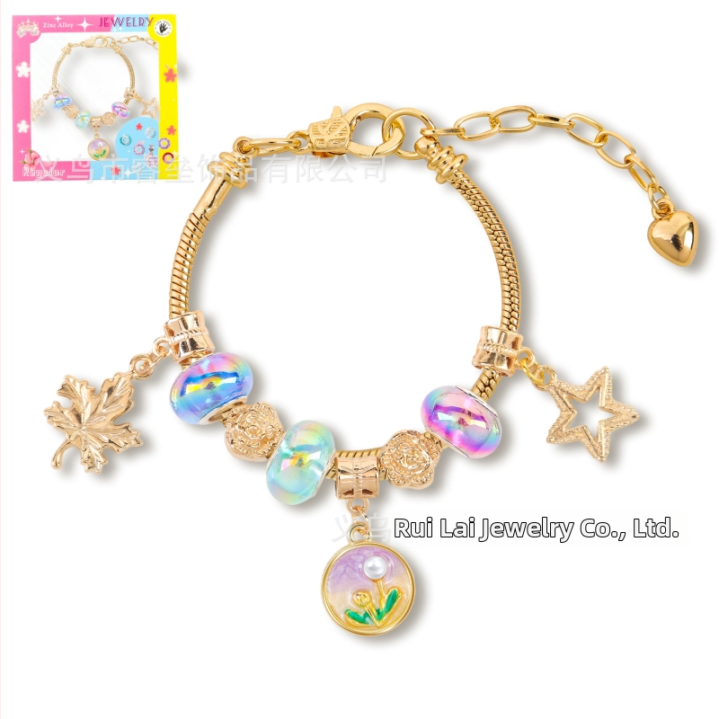 DIY detská náramok z korálok s nastaviteľným reťazom, olejomaľba štýl, tvar listu, zinková zliatina, imitácia krištáľu a perla