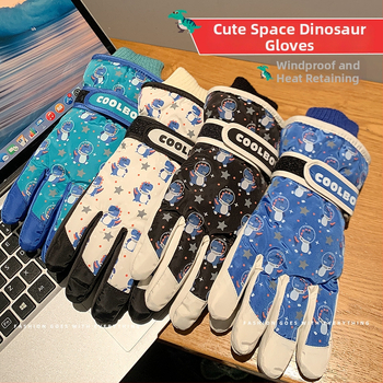 Bērnu slēpošanas cimdi no kokvilnas, universālie, vecums 2–12 gadi, karikatūru raksts, atdalīti pirksti