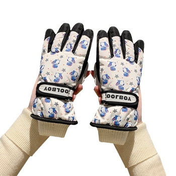 Bērnu slēpošanas cimdi no kokvilnas, universālie, vecums 2–12 gadi, karikatūru raksts, atdalīti pirksti