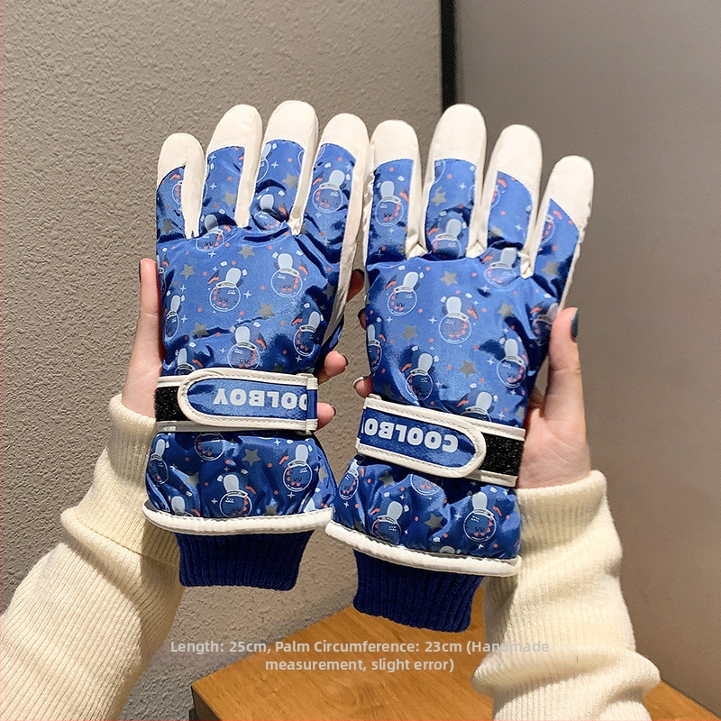 Bērnu slēpošanas cimdi no kokvilnas, universālie, vecums 2–12 gadi, karikatūru raksts, atdalīti pirksti