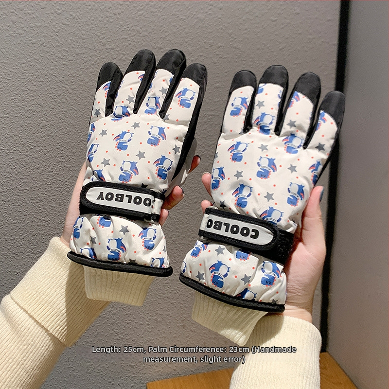 Bērnu slēpošanas cimdi no kokvilnas, universālie, vecums 2–12 gadi, karikatūru raksts, atdalīti pirksti