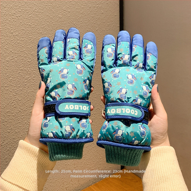 Bērnu slēpošanas cimdi no kokvilnas, universālie, vecums 2–12 gadi, karikatūru raksts, atdalīti pirksti