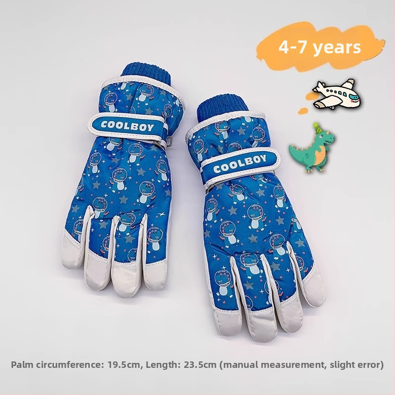 Bērnu slēpošanas cimdi no kokvilnas, universālie, vecums 2–12 gadi, karikatūru raksts, atdalīti pirksti