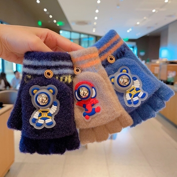 Bērnu cimdi – adīti, ar pusi pirkstiem, astronautu raksts, silti, rudens-ziemas sezonai