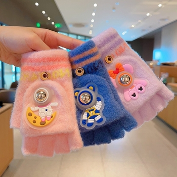 Bērnu cimdi – adīti, ar pusi pirkstiem, astronautu raksts, silti, rudens-ziemas sezonai