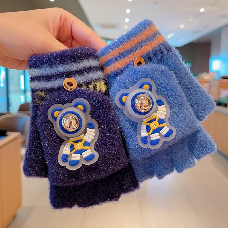 Bērnu cimdi – adīti, ar pusi pirkstiem, astronautu raksts, silti, rudens-ziemas sezonai