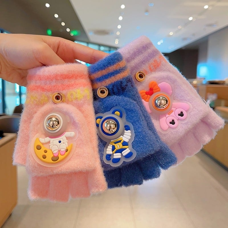 Bērnu cimdi – adīti, ar pusi pirkstiem, astronautu raksts, silti, rudens-ziemas sezonai