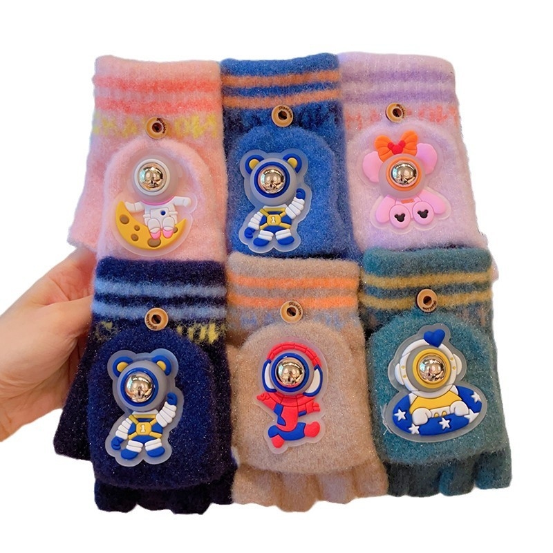 Bērnu cimdi – adīti, ar pusi pirkstiem, astronautu raksts, silti, rudens-ziemas sezonai