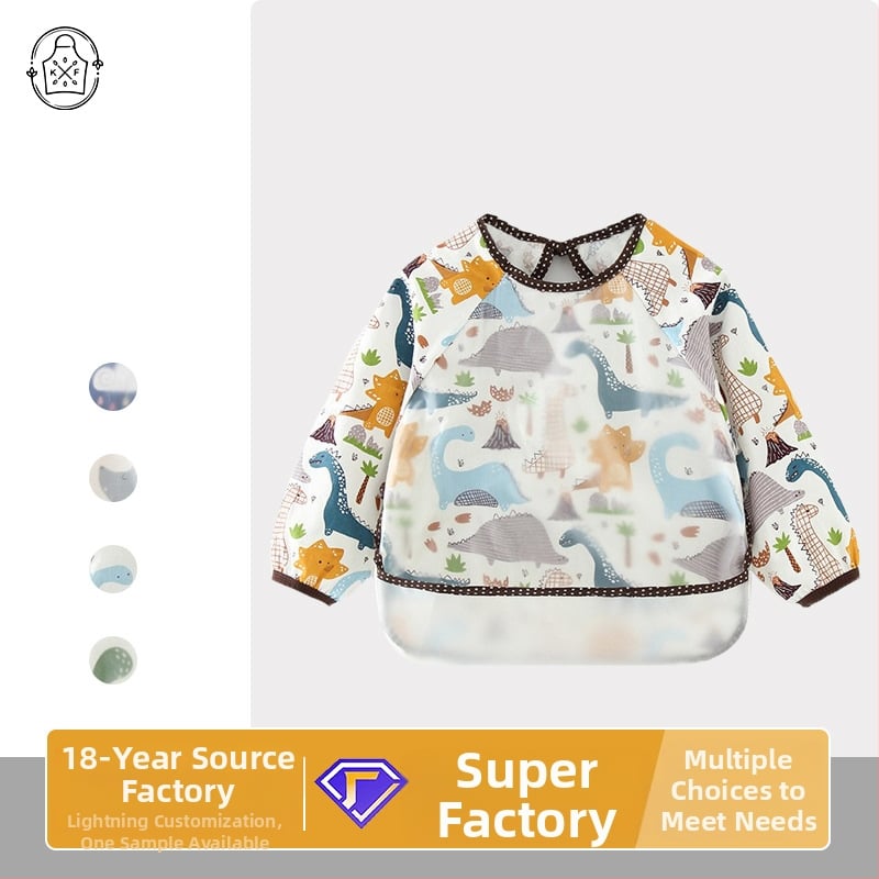 Ποδιά με μακριά μανίκια, αδιάβροχη, 100% βαμβάκι, μοτίβο ζώων σε καρτούν, για παιδιά 3-8 ετών