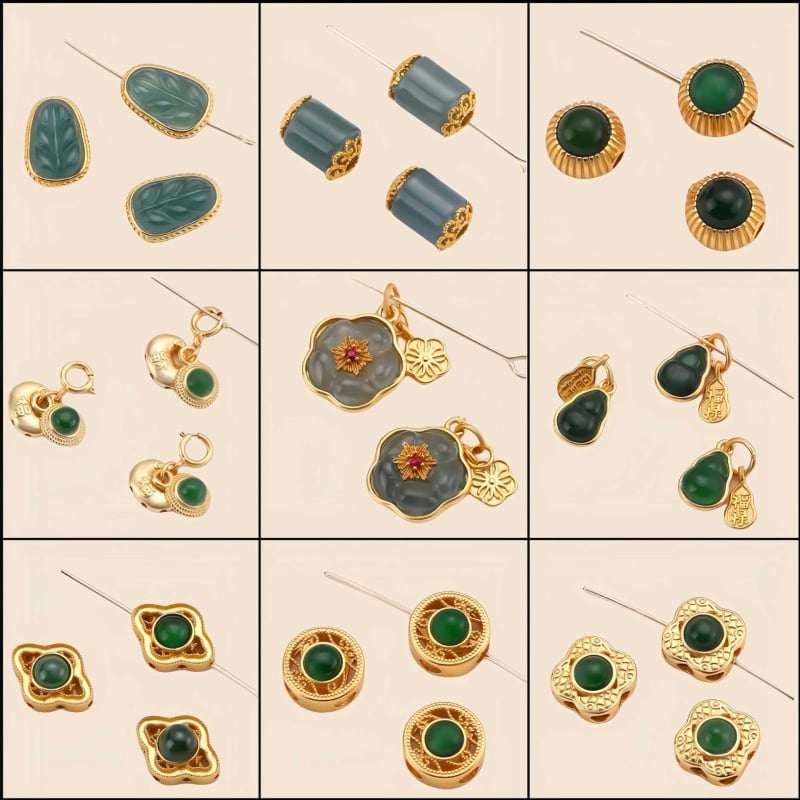 Hongma jáde medál, 925 ezüst aranyozott bevonattal, intarzázott kivitel, uniszex, levél alakú