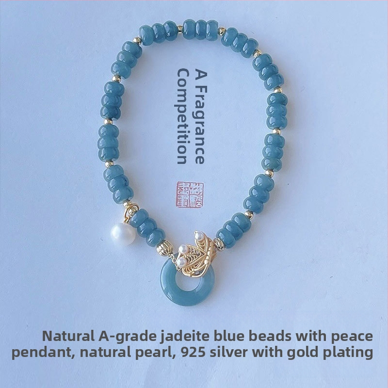 Jádeit abaku-gyöngyökből álló karkötő, jéghatású fény, 925-ös ezüst, kínai stílusban