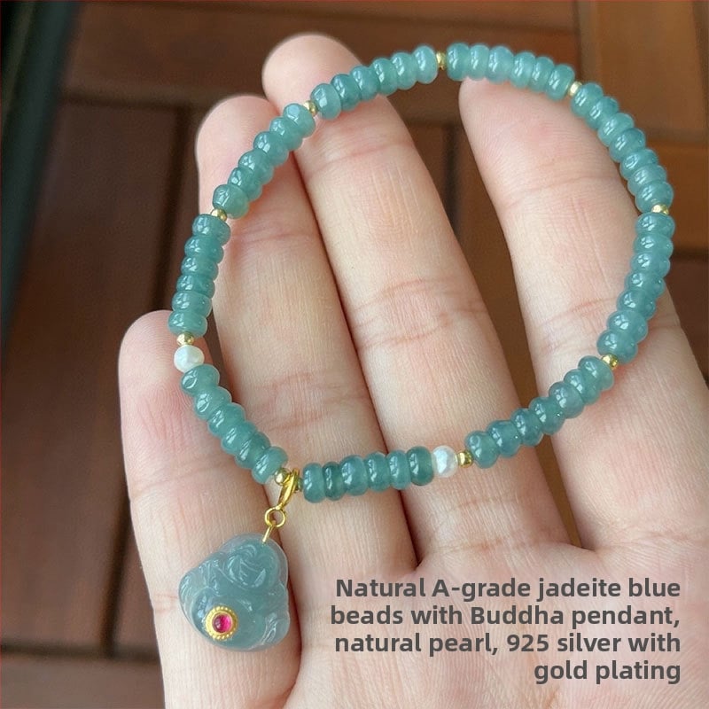 Jádeit abaku-gyöngyökből álló karkötő, jéghatású fény, 925-ös ezüst, kínai stílusban