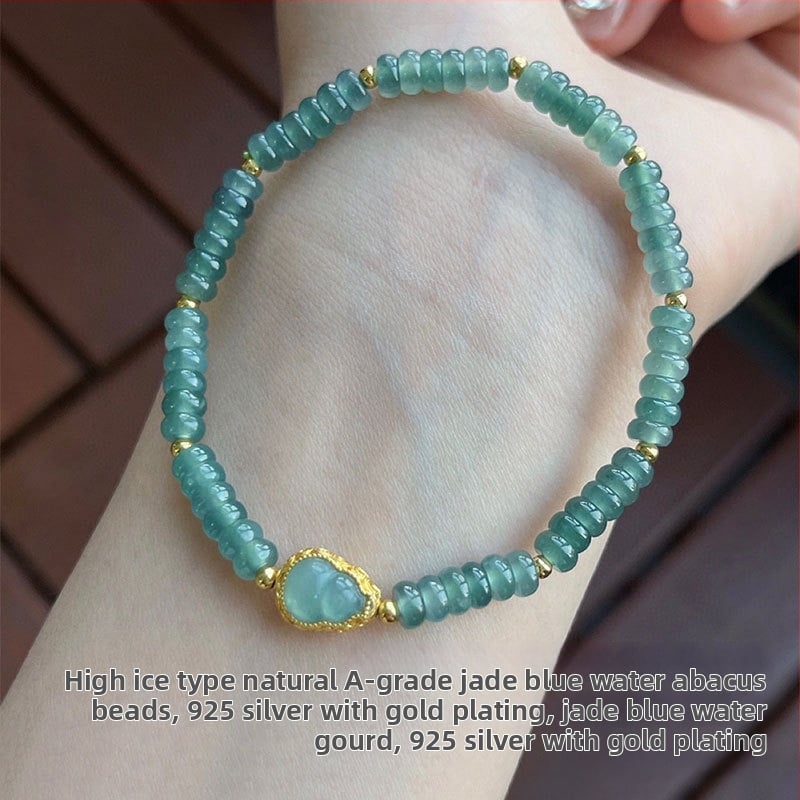 Jádeit abaku-gyöngyökből álló karkötő, jéghatású fény, 925-ös ezüst, kínai stílusban