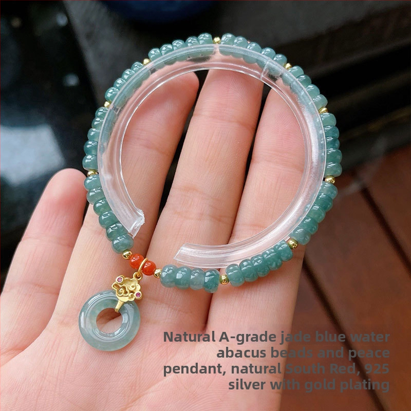 Jádeit abaku-gyöngyökből álló karkötő, jéghatású fény, 925-ös ezüst, kínai stílusban